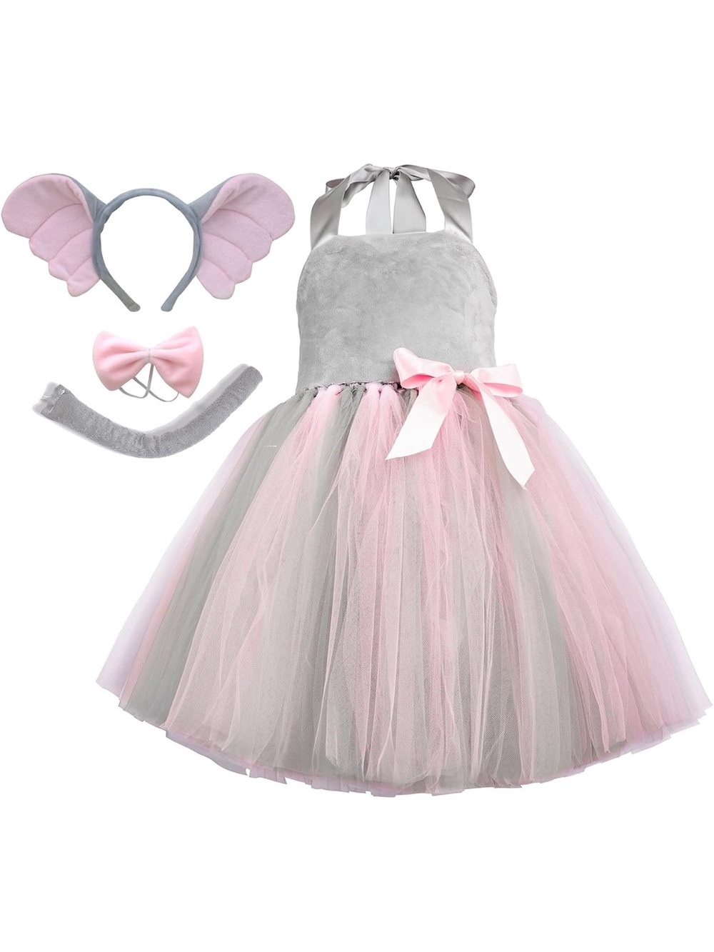 Girls Pink Gray Tulle elephant Costume with Headband Bow tie tail nwt